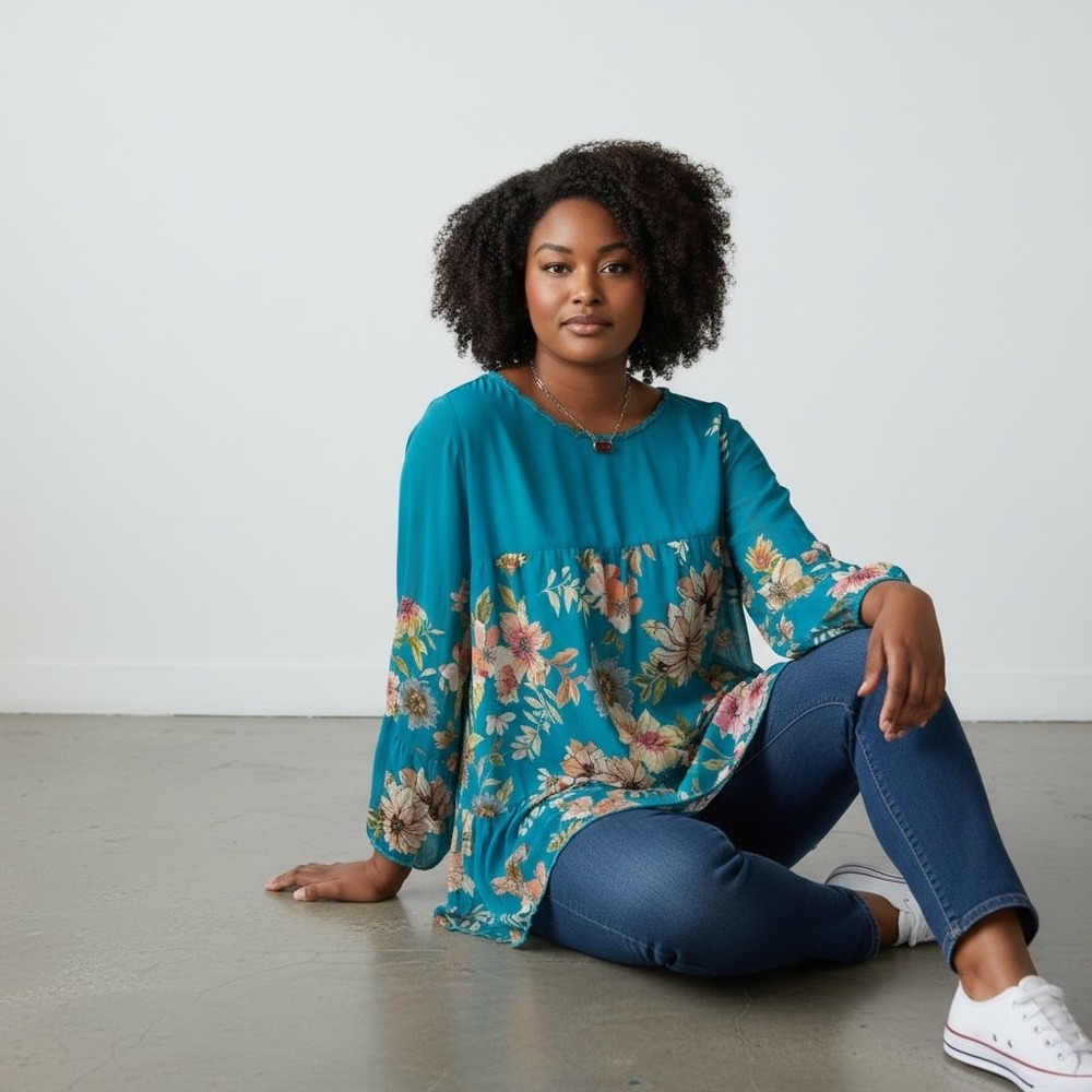 Johnny Was SZ 2X Blue Floral Peasant Tunic. Boho Chic. Festival. Free Spirit. - Picture 2 of 10